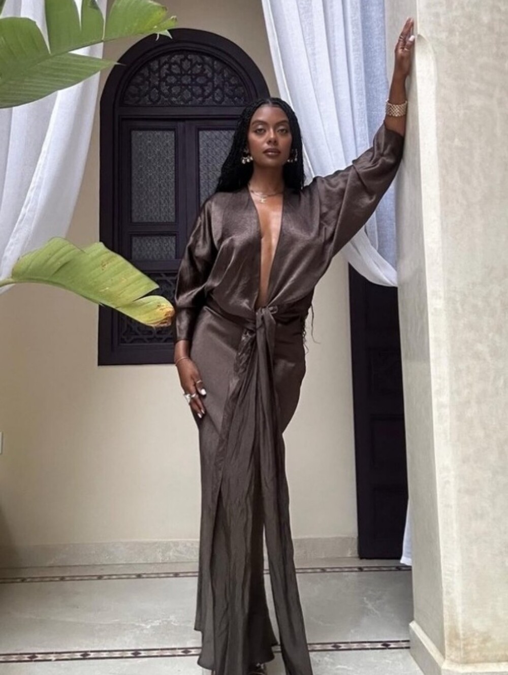 Zara NWT satin effect maxi dress brown Size L